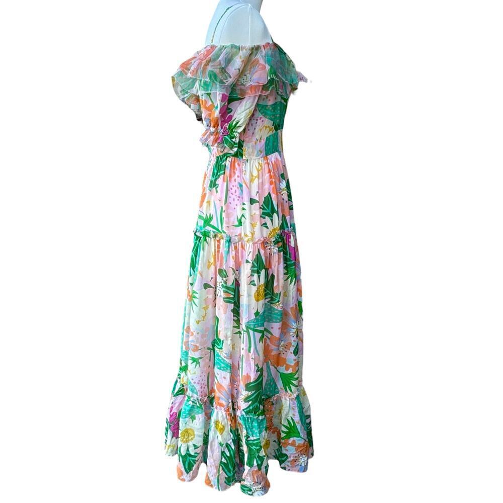Jessie Liu Silk Summer Floral Tiered Ruffled Midi Dress Resort Pink NWT Small - Picture 2 of 9